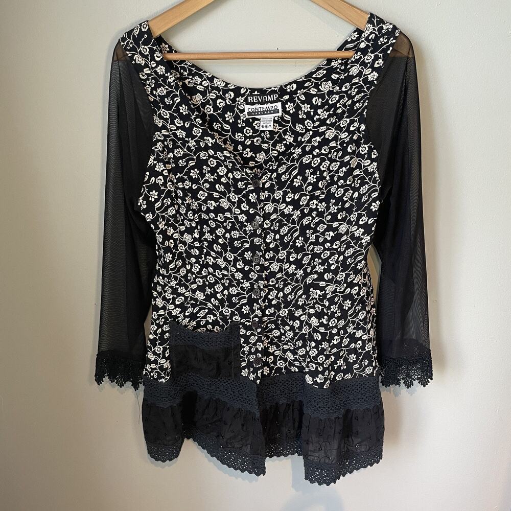 Vintage‎ 90’s Contempo Casuals Womens Sz Small Rayon Blouse Sheer Button Up Lace